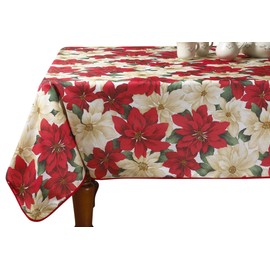 Violet Linen European Christmas Poinsettia Floral Design Tablecloth, 52 in x 70 in, Beige