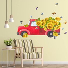 AnFigure Red Truck Sunflower Wall Decal Living Room Bedroom Wall Stickers Girls Room Baby Room Flowers Butterfly TV Sofa Background Wall Art Decor Mural Vinyl Peel and Stick Decorations