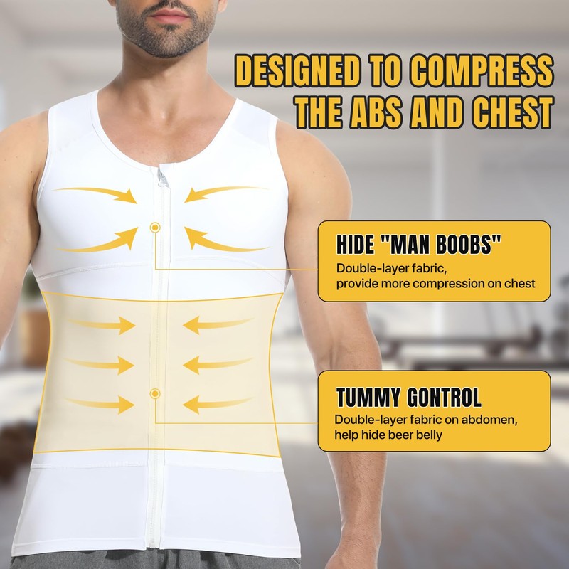 PODFAN Mens Compression Shirt Zipper, Gynecomastia Tummy Control Vest, Back