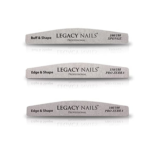Legacy Nails 3in1 - Sponge Nail File Half Moon 100/180 Buff & Shape - Pro Zebra Nail File 100/100 Edge & Shape - Pro Zebra Nail File 150/180 Edge & Shape