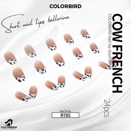 COLORBIRD Nail Tips, Short, 24 Pieces, Black, Leopard Pattern, Nail Tips, Short, Cute, Ballerina (R785)