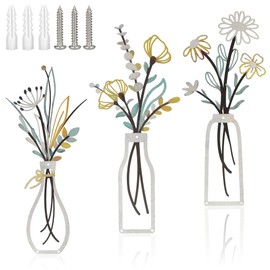 WUISOLQP 3 Pieces Metal Flower Wall Art, Metal Flower Wall Decor Wall Art Decoration Bedroom Wall Decor in Vase Wire Wall Hanging Decor Wall Decoration for Living Room, Bedroom, Bathroom