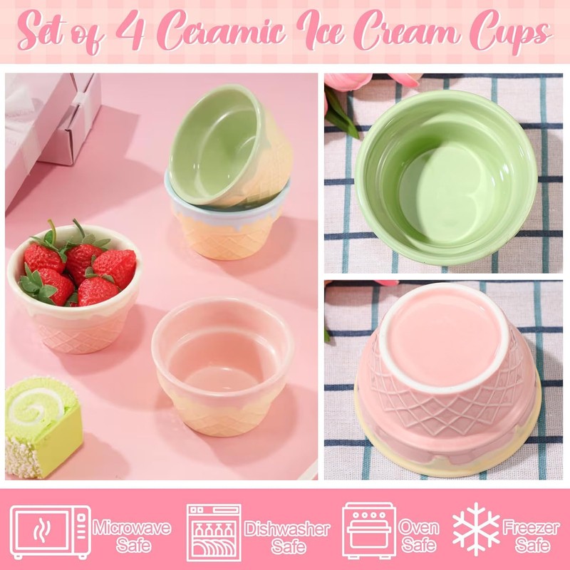 ONEUSTAR 4 Pcs Ice Cream Bowls Ceramic Ice Cream Cups