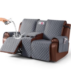 KinCam 100% Waterproof Recliner Loveseat Cover with Console, Non-Slip Reclining Couch Covers for 2 Seat, Recliner Sofa Cover Furniture Protector with Elastic Straps for Kids, Pets, Dark Gray