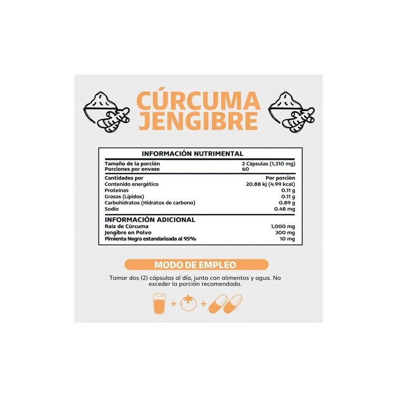 Cúrcuma Jengibre Piperina 60 Cápsulas Suplemento Nat