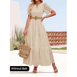 ZESICA Women's 2025 Summer Short Sleeve Maxi Dress Casual V Neck Hollow Out Eyelet Ruffle Swing A Line Long Dresses,Apricot,Small