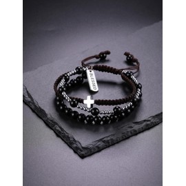 JSDDE Healing Crystal Bracelet for Men Women 3 in 1 Black Obsidian Crystal Gemstone Beads Bracelets with Blessed Cross Charm Luck Jewelry Gift