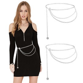 Metal Waist Chain Silver Chain Belt For Women, 2Pcs Boho Chain Accessories Skinny Waistband Chain Multilayer Dress Accessories For Women Dresses Jeans Skirts Pants
