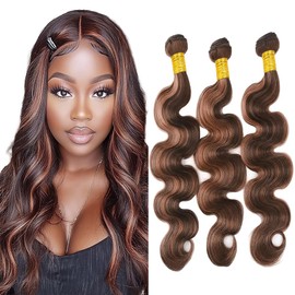 Dokksiiia 14 16 18 Inch P4/30 Highlight Brown Body Wave Bundles Two Tone Dark/Light Brown Mix Human Hair Bundles Double Weft Brazilian Human Hair Extensions Silky and Soft for Black Women