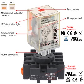 Weasch Power Relay MK3P-I Type RUB3C1524LT, AC 24V Coil, 11Pin 3NO 3NC DPDT, with LED Indicator Light and Test Button, Plug-in Terminal Socket Base, UL Certification (AC 24V)