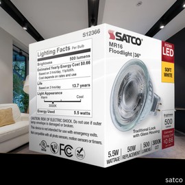 Satco LED MR16 Floodlight 5.5W 50W Equivalent 3000K Soft White 90+ CRI 36° Beam GU5.3 Bi-Pin Base 12V Dimmable Clear Finish – Part S12366