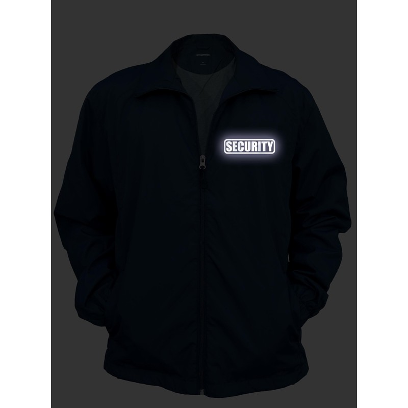 Security Zipped up Windbreaker in Black with White/Reflective Decorations Front