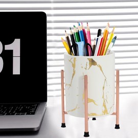 Urcura Ceramic Pencil Holder for Desk Cute Pencil Pen Holder Desk Decor Aesthetic for Office,School,Home Makeup Brush Holder Cup Marble Pen Cup Pen Organizer for Desk (2PCS-White Gold)