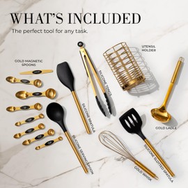 Styled Settings Black and Gold Kitchen Utensils Set - 15 Piece Set Includes Gold and Black Silicone Cooking Utensils with Gold Utensil Holder and Gold Magnetic Measuring Spoons - Gold Kitchen Set