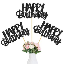 Birthday Centerpiece Sticks 12PCS Black Glitter Birthday Party Table Toppers Happy Birthday Sign Decorations Centerpieces for Anniversary Party Supplies
