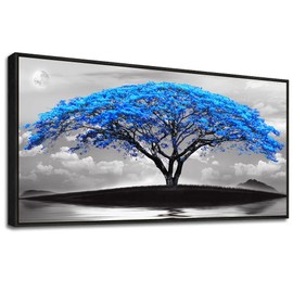 Framed Canvas Wall Art For Office Large Size Living Room Wall Decor Bedroom Decor Wall Pictures Artwork Black And White Landscape Blue Tree Moon Wall Painting Home Decorations Black Frame 24" X 48"