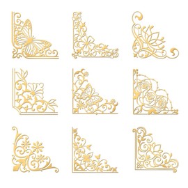 OLYCRAFT 9pcs 1.6x1.6 inch Golden Metal Stickers Vintage Border Stickers Self Adhesive Baroque Border Stickers Butterfly Rose Golden Epoxy Stickers for DIY Scrapbooks Epoxy Resin Decoration