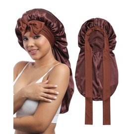 AWAYTR Long Silk Bonnet for Sleeping - 100% Mulberry Silk Bonnet for Women Long Hair Sleep Cap with Elastic Tie Band (Brown)