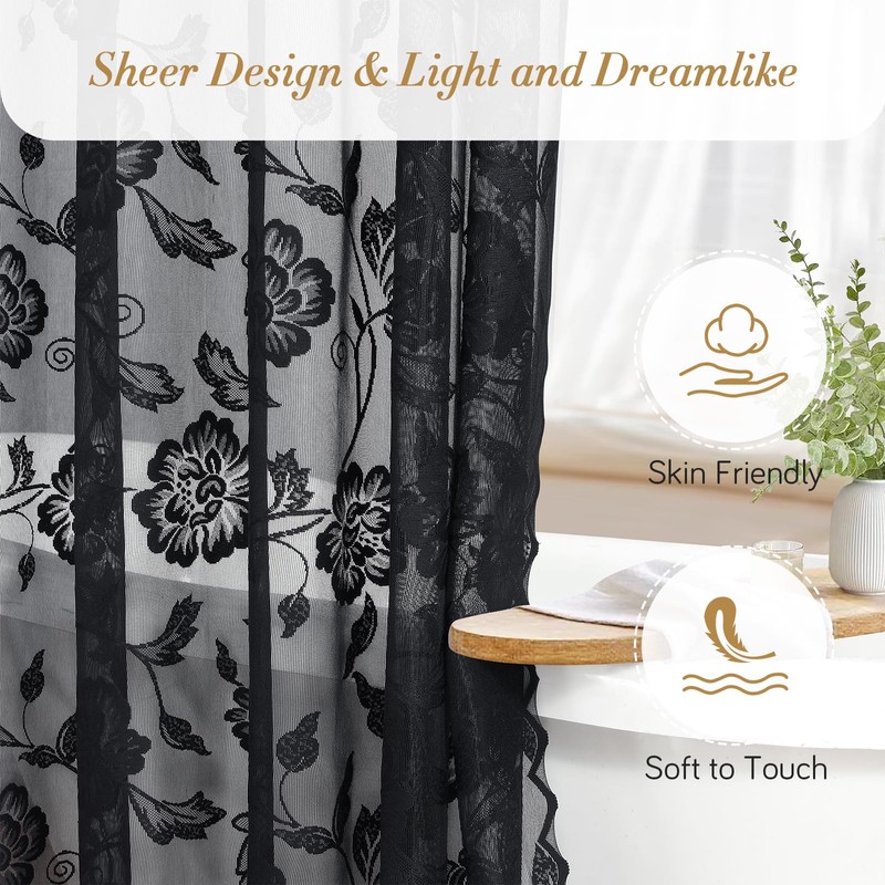 SD SDLIVING Black Lace Shower Curtain with Tassels,Luxury Floral Sheer