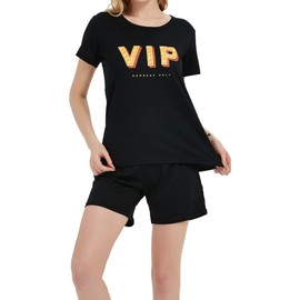In One Clothing Women's Short Pyjamas 100% Cotton with Motif Print, black