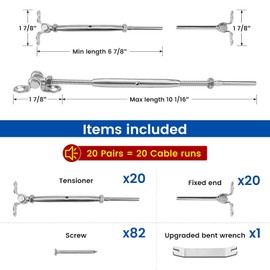 Muzata 20 Pairs 1/8" Cable Railing Hardware Kit Swage Toggle Turnbuckle for Wood Post T316 Stainless Steel Deck Cable Railing System Angle 180° Adjustable Stairs 40 Pack CK07