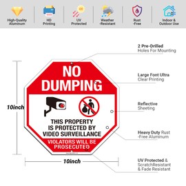 Large No Dumping Sign, Property Protected by Video Surveillance Sign, 2Pack- 12"x12" Rust Free Reflective Aluminum, Fade & Weather Resistant, UV Protected, Easy to Mount