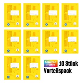 Staufen premio Learning to Write Book - 10 Notebooks Each 16 Sheets, DIN A5, Ruling 1 (5/5/5 mm Lined, Coloured Lined Ruling), 90 g/m² Recycled Paper, Round Corners Prevent "Donkey Ears"
