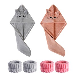 2 Pieces Of Shower Caps And 2 Pairs Of Anti-Humidity Wristbands, Absorbent Hair Drying Cap, Bath Accessories, Anti-Frizz Drying Cap, Cute Cartoon Hair Drying Cap