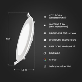 Feit Electric 6" Canless LED Recessed Downlight, 65W Equivalent, Dimmable, Motion-Activated Adjustable White, Battery Backup, 5CCT, Low-Profile Design for Indoor/Outdoor Use, LEDR6XT/MOBAT/6WYCA