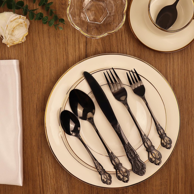 Runfly Retro Royal Black 48 Pieces Flatware Set, Gorgeous Black