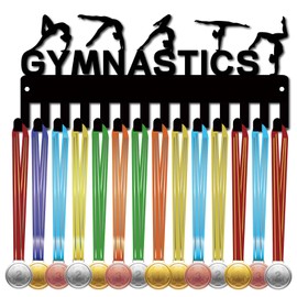 CREATCABIN Gymnastics Medal Hanger Medal Holder Display Rack Sports Metal Hanging Awards Iron Small Mount Decor With 14 Hooks for Wall Home Badge Race Running Gymnastics Swimming Black 11.4 x 5 Inch