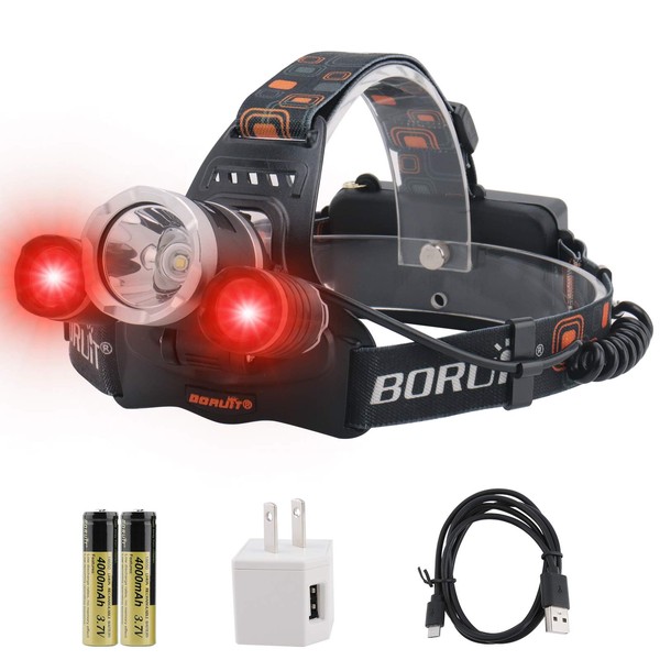 BORUiT RJ-3000 LED Rechargeable Headlamp,3 Modes White and Red LED Hunting Headlamps,5000 Lumens Tactical Flashlight Red Light Head Lamp for Running Camping Hiking Fishing