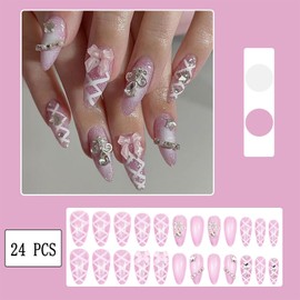 Cute Bow Diamond Press on Nails Medium Almond Pink Fake Nails with Star Rhinestones Glitter Designs False Nails White Ribbon Full Cover Glue on Nails for Women Girls Daily Wear Manicure 24Pcs