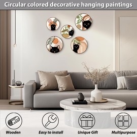 5 PCS Cat Wall Art Decor, Boho Geometric Hanging Wooden Wall Decor, Mid Century Bohemian Abstract Moon and Sun Wood Sign, Farmhouse Kitchen Bathroom Living Room Decorations, Cat Lover Gifts