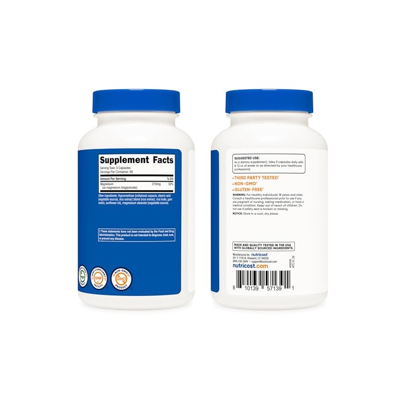 Nutricost Magnesium Glycinate Capsules (180 Capsules, 210 mg Per Serving)