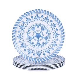 Yinshine Melamine Plates Set,10.75 Inch Dinner Plates Set, 6pcs Blue Dishes Set with Embossed Design, Unbreakable,Indoor and Outdoor use,Blue&White