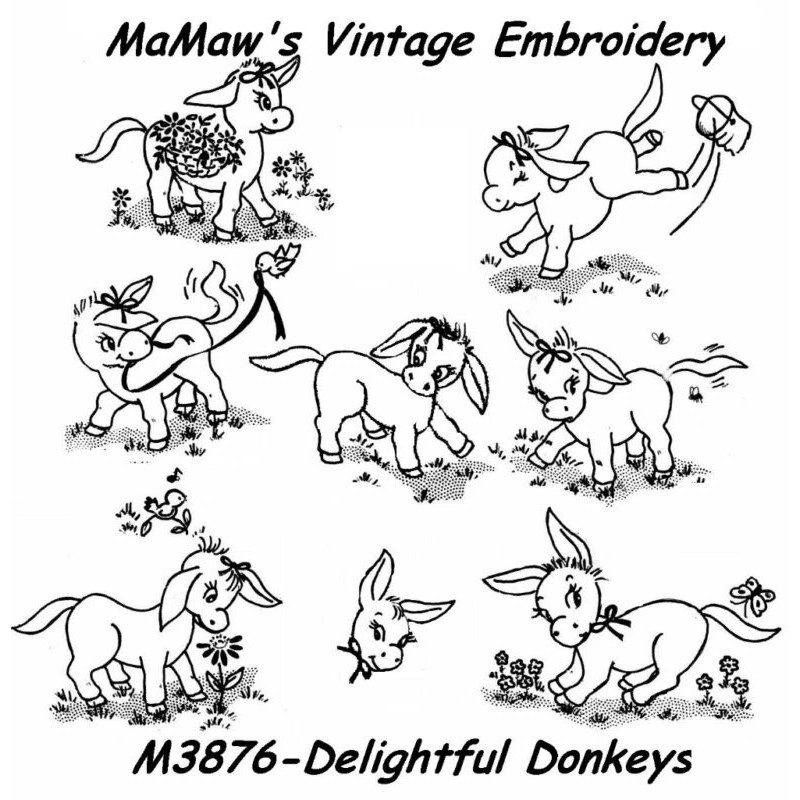 MaMaw's Vintage Embroidery M302 Donkey Tea towels DOW Embroidery HOT