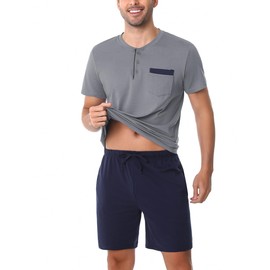 Aseniza Men's Short Pyjamas Cotton Button Placket Summer Shorty Pyjamas with T-Shirt and Shorts for Men, New blue