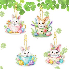 4pcs Diamond Art Keychain Kit DIY Handmade Painting Craft Kit 5D Mosaic Art Diamond Painting Special Shape Diamond Key Chain Accessories Bag Accessories (Cute Rabbit Diagram Keychain)