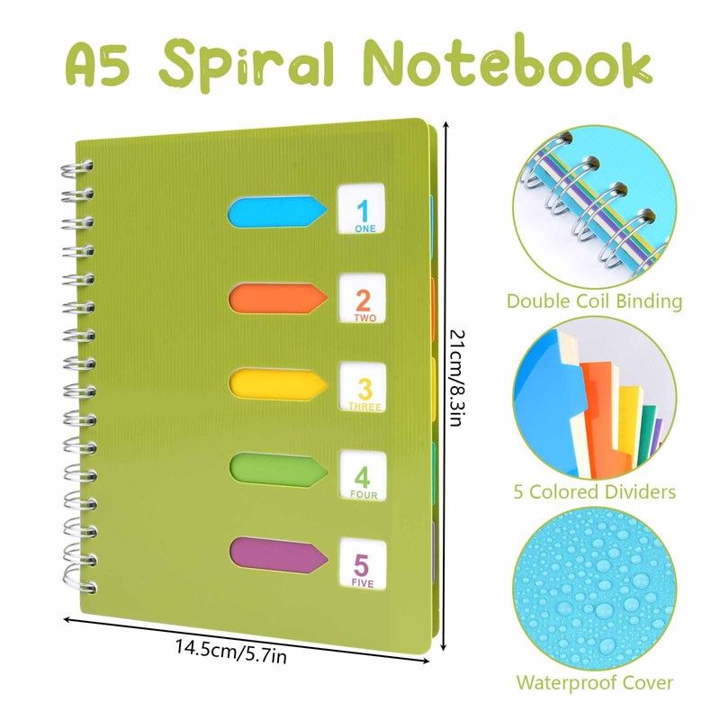 Tikplus A5 Notebook with Dividers, Notebook with Tabs, Spiral Notepad