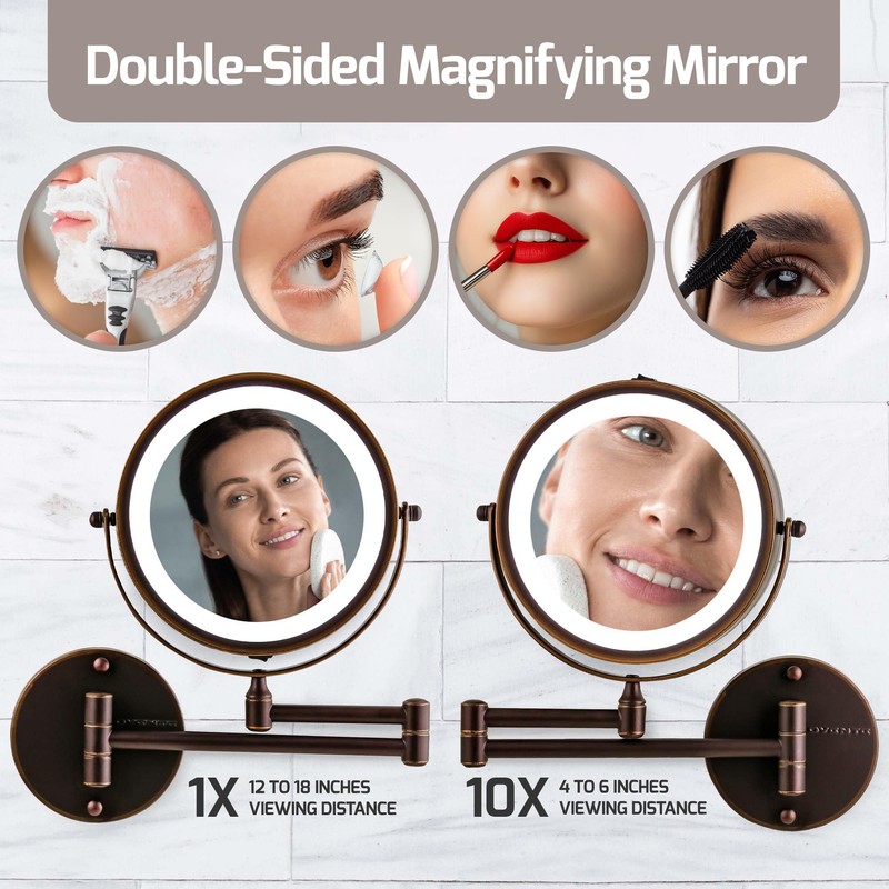 OVENTE Wall Mounted Lighted Makeup Mirror, 7" Double Sided 1X/10X
