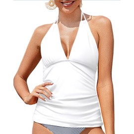 Yonique Women's Halter Tankini Top No Bottom V Neck Swim Top Tummy Control Bathing Suit Top, White, Medium