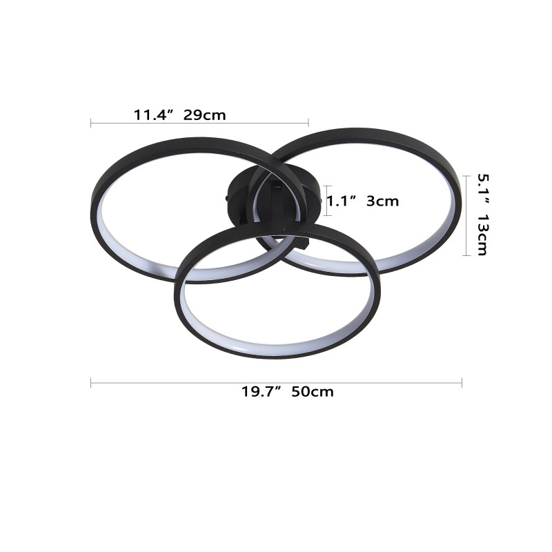 Ship in USA.20" Modern Black LED Ceiling Light, 3-Ring Flush
