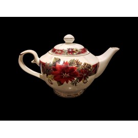 Ceramic Christmas Poinsettia and Holly Pine Tea Pot Winter Teapot Red White Green 9 x 6 x 6 4 Cup Capacity With Lid