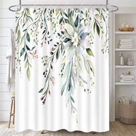 youyouplus Elegant Floral Shower Curtain for Bathroom -70.8x70.8 Inches,Watercolor Plant Green Leaves Waterproof, Washable Fabric with 12 Extra Hooks.