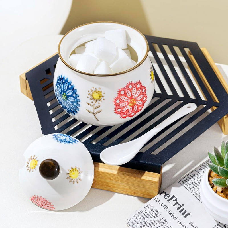 Mosuji Porcelain Sugar Bowls with Lids and Spoons,Ceramic Spice Jars