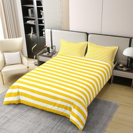 100% Cotton Striped Bed Linen Set, Yellow / White Striped Duvet Cover, 135 x 200 cm, Farmhouse, Ticking Stripes, Quilt Cover, Gothic Horizontal Stripes, Geometric Lines, Comfortable Comforter Cover,