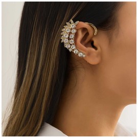 Aneneiceera Punk Crystal Wing Cuff Wrap Earrings Gold Cz Angel Wing Clip on Earrings Rhinestone Wrap Around Earrings Vintage Cz Wing Cartilage Climber Cuff Earrings Jewelry for Women (Gold)