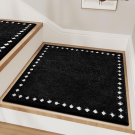 tchdio Stair Treads Landing Mat Non Slip, Soft Stair Treads for Wooden Steps Indoor, Stair Carpet Treads Reusable Adhesive for Kids Elders and Pets, Washable Stair Rugs Stair Runner 31"x31" Black