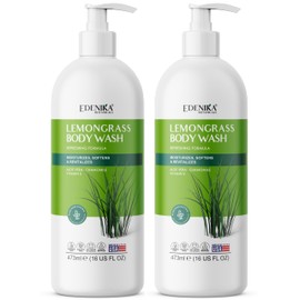 EDENIKA BOTANICALS Lemongrass Body Wash with Aloe Vera, Chamomile & Vitamin E, 16 fl oz, Refreshing & Moisturizing Formula, Vegan, Sulfate-Free, Paraben-Free, for All Skin Types, Pack of 2